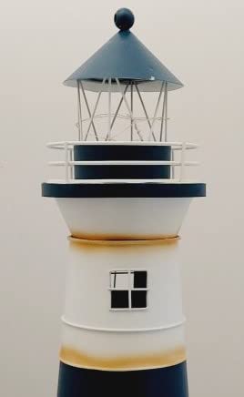 DRH - 20" Tall Distressed Tin Nautical Lighthouse with LED Lights Blue Stripes - 20" x 7.5"