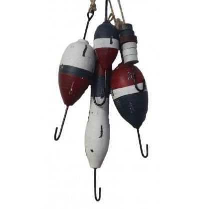DRH - Nautical Vintage Set of 5 Wooden Lobster Trap Buoy with Fishing Hooks and Rope Accents - Coastal Buoys Floats - 20"" Height, White Red Blue