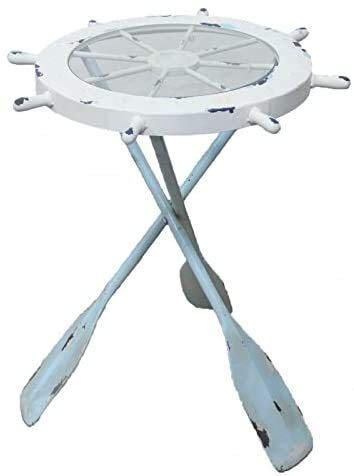 DRH - Nautical Ship Wheel Table - Made of Wood, Glass & Metal Paddle Legs - Nautical Table for Beach House - Coastal Decor Table for Sailors - Perfect as Coffee Table and End Table - DRH Nauticals