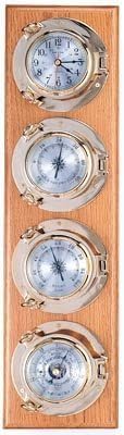 HS Clock, Barometer, Thermometer & Hygrometer Brass Porthole Weather Station on Oak Wood Base - DRH Nauticals