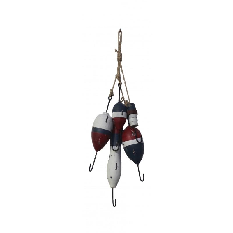DRH - Nautical Vintage Set of 5 Wooden Lobster Trap Buoy with Fishing Hooks and Rope Accents - Coastal Buoys Floats - 20"" Height, White Red Blue