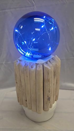Handcrafted Blue Glass Fishing Float LED Lantern on Driftwood Base with Beautiful Starfish and Shells - Nautical Decor for Your Beach Home