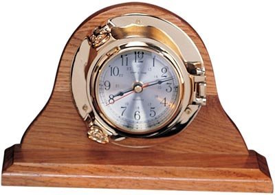 7.5" Polished Brass Quartz Porthole Clock on Oak Wood Base