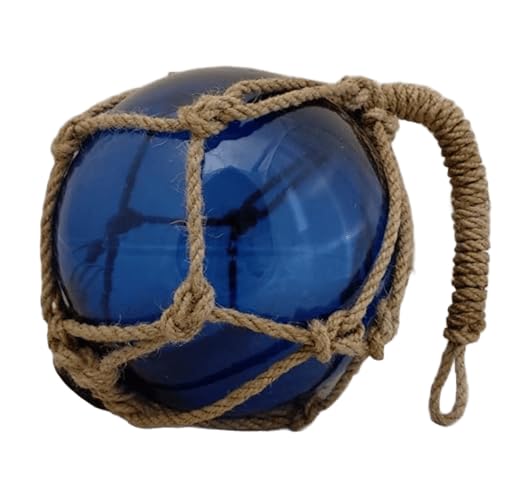 Nautical Glass Fishing Float & Wooden Buoy Set - 12" Blue Glass Ball with Net + 11" Distressed Wood Buoy - Coastal Beach House Decor, Vintage Ocean Gift - DRH Nauticals