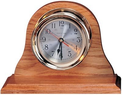 7.5" Polished Brass Quartz Clock w/ Oak Wood Base