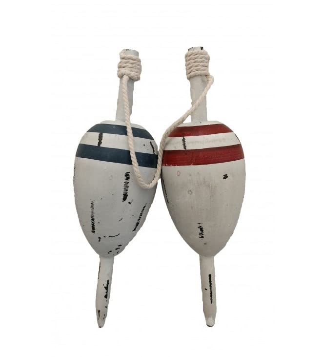 DRH - Nautical Vintage Set of 2 Wooden Lobster Trap Buoy with Rope Accents - Blue and Red - 11" X 4" - DRH Nauticals