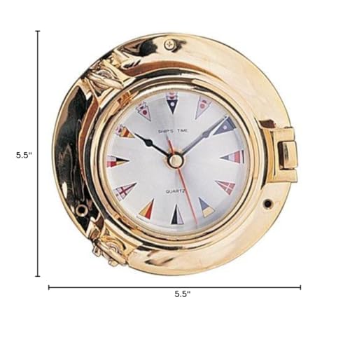 HS 5.5" Polished Brass Quartz Porthole Clock w/Nautical Flag Face