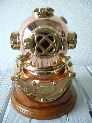 HS 5.5" Polished Brass & Copper Mark V Dive Helmet w/Wood Base