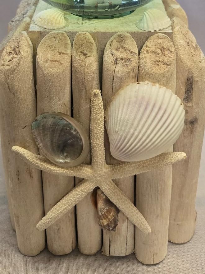 Handcrafted Green Glass Fishing Float LED Lantern on Driftwood Base with Beautiful Starfish and Shells - Nautical Decor for Your Beach Home