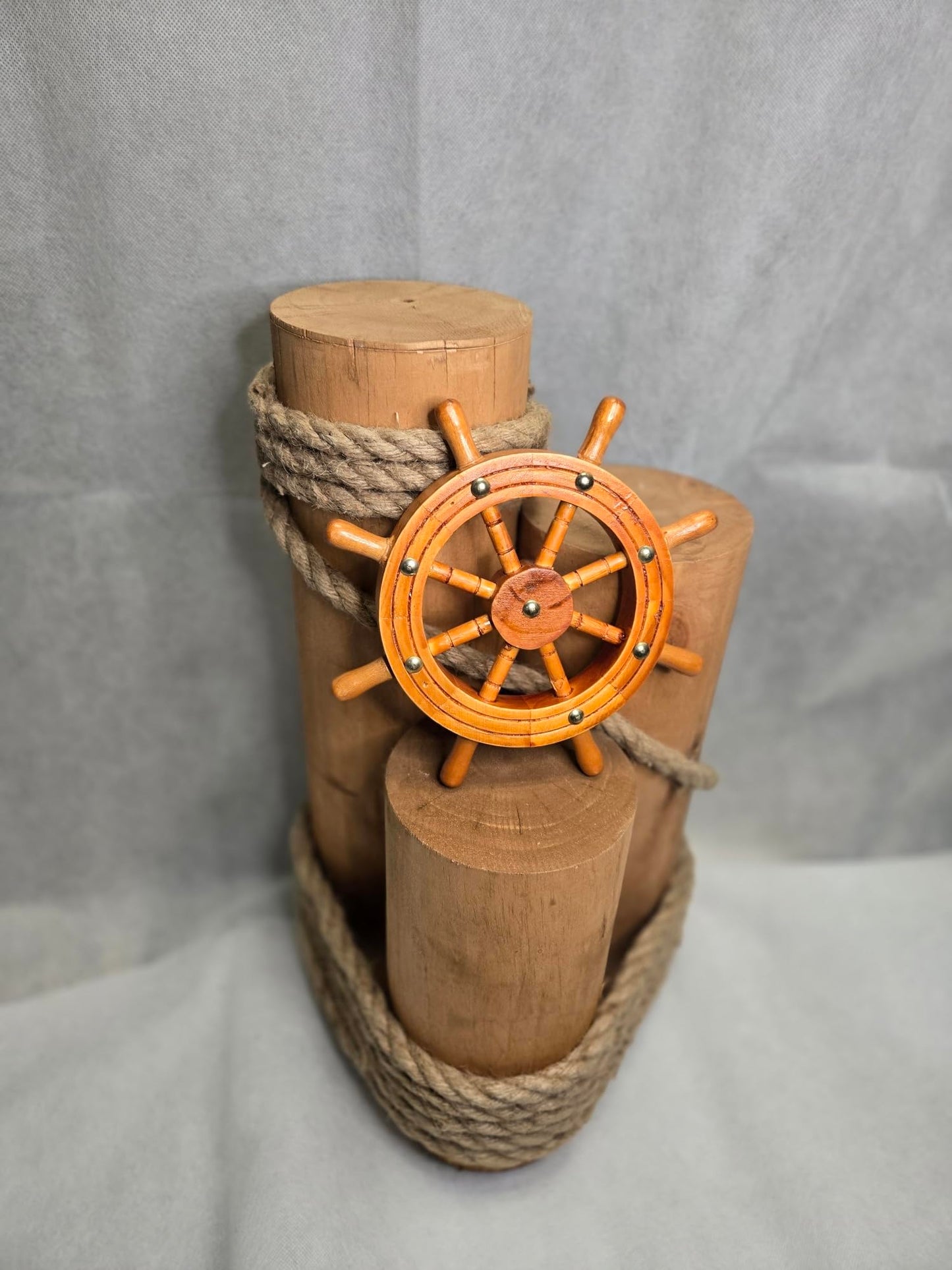 Set of 3 Nautical Wood Piling Decorations with Beautiful Wooden Shipwheel – Real Wooden Pier Posts for Coastal, Marine, or Nautical Decor - Huge 5” Diameter Stumps for Beach Home Decor