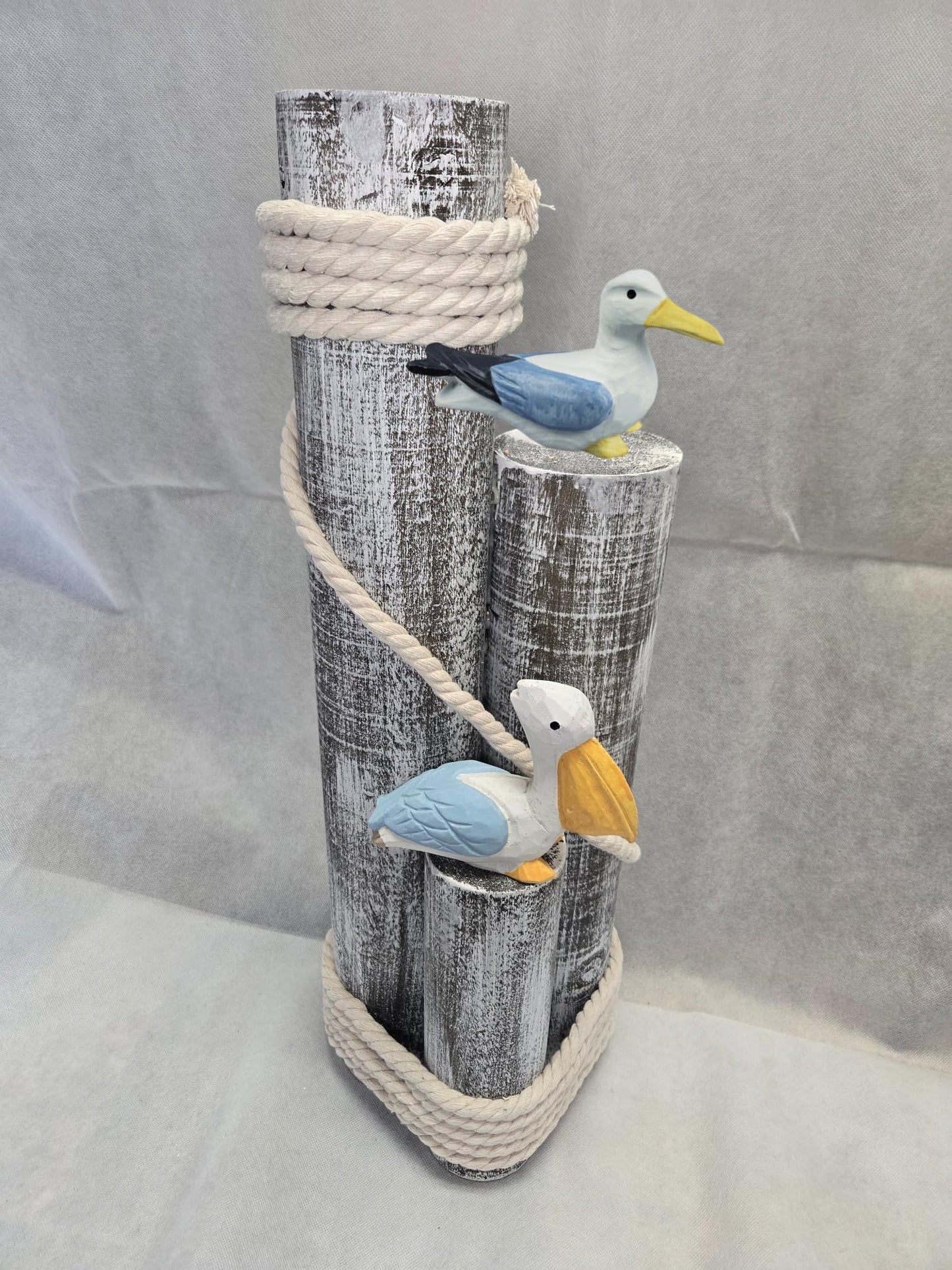 Pelican and Seagull Statue on Wood Pilings – Coastal Garden Decor, Nautical Bird Sculpture for Porch, Pool, Patio or Beach House - Marine Bird Sculpture Nautical Decor