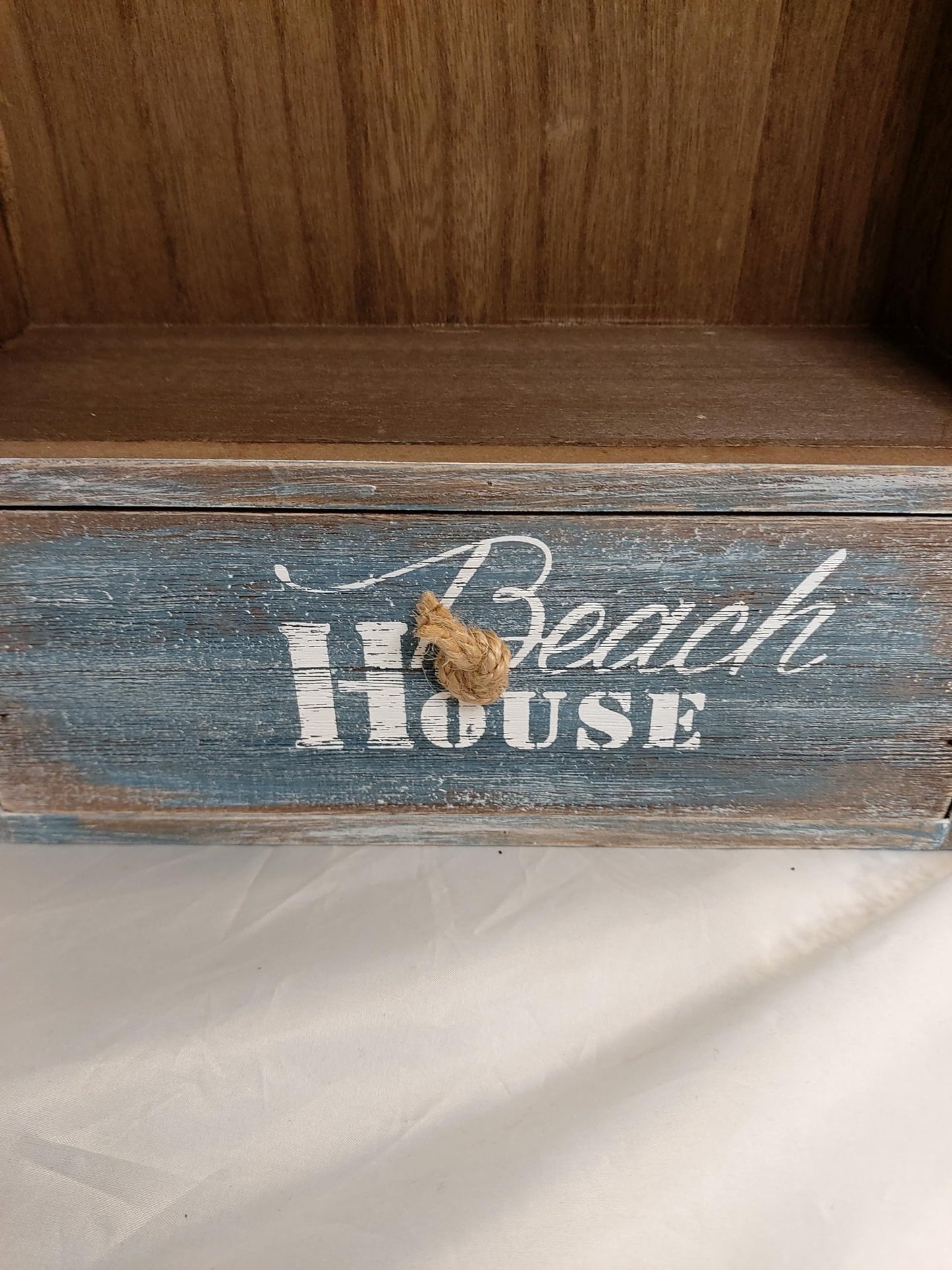 DRH - Nautical Distressed Wood Boat Shelf with Drawer - Standing Boat Shelf - Beach House Themed Ornaments - Boat Model Home Décor - Decorative Display Boat with Tropical Coir Rope - DRH Nauticals