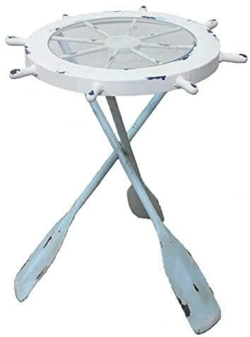 Nautical Ship Wheel Table made of Wood, Glass & Metal Paddle Legs - Coastal Decor Coffee Table and End Table