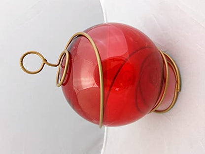 DRH Red Japanese Fishing Glass Buoy with Metal Coil Wrap - Glass Float Ball - Bright Nautical Decor - Perfect Hanging Nautical Glass Buoy Gift for Art Lovers - 5 inches X 7.5" Height - DRH Nauticals