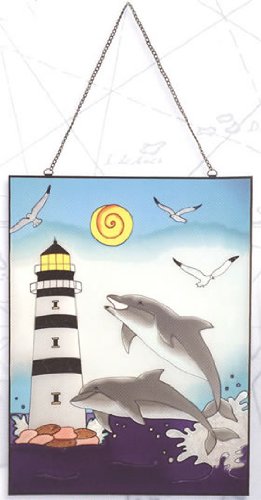 Lighthouse w/ Dolphins Nautical Stained Glass Window Decoration
