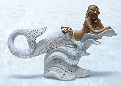 Gold & White Mermaid Sculpture Laying on A Wave Base - Distressed Nautical Tropical Decorcast iron mermaid,Home,Mermaid Sculpture,mermaid statue,Mermaids,Polystone mermaid,spreadr-hidden,Statues
