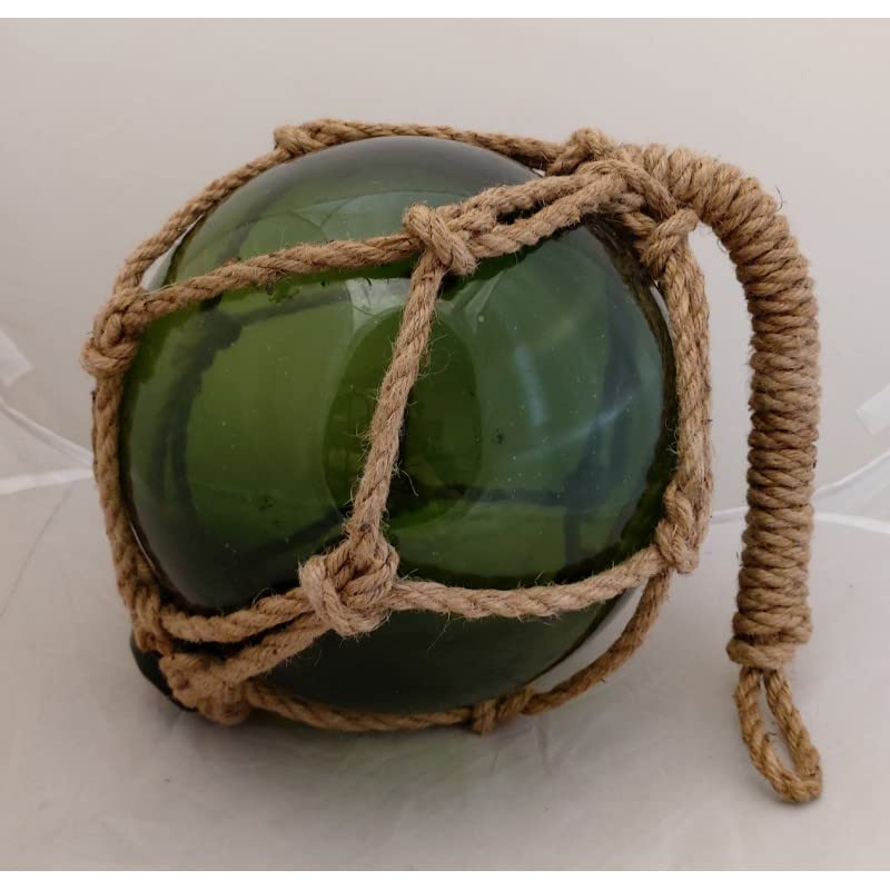 10 Green Nautical Glass Japanese Fishing Float - Glass Float Ball  -Nautical Buoy with Brown Roped Net