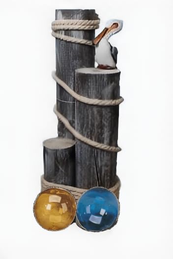 Ocean’s Perch Pelican on Wood Piling with Glass Japanese Fishing Floats - Garden Bird Decor - Coastal Decor Pelicans Bird Statue - Beach House - Nautical Decoration