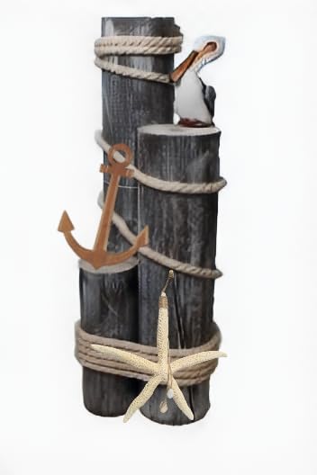 Pelican on Wood Pilings Nautical Statue with Hanging Starfish and Wood Anchor– Coastal Decor for Porch, Garden, or Poolside - Marine Bird Sculpture - Nautical Décor