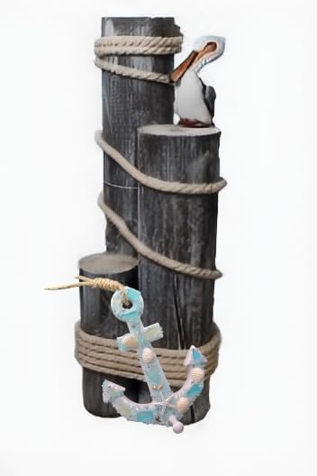Set of 3 Nautical Wood Piling Decorations with Pelican and a Beautiful Anchor– Pier Posts for Coastal, Marine, or Nautical Decor - for Beach Home Decor - DRH Nauticals
