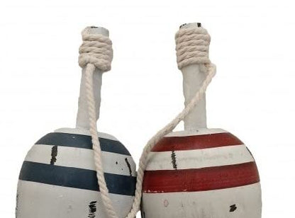 DRH - Nautical Vintage Set of 2 Wooden Lobster Trap Buoy with Rope Accents - Blue and Red - 11" X 4"