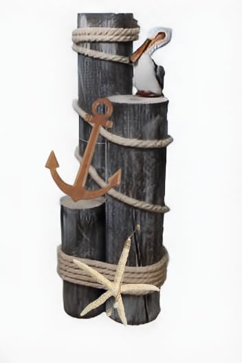 Pelican on Wood Pilings Nautical Statue with Hanging Starfish and Wood Anchor– Coastal Decor for Porch, Garden, or Poolside - Marine Bird Sculpture - Nautical Décor