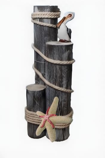 Pelican on Wood Pilings Nautical Statue with Starfish – Coastal Decor for Porch, Garden, or Poolside - Marine Bird Sculpture - DRH Nautical Décor