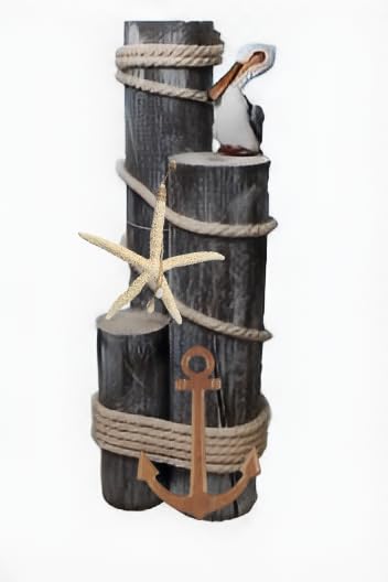 Pelican on Wood Pilings Nautical Statue with Hanging Starfish and Wood Anchor– Coastal Decor for Porch, Garden, or Poolside - Marine Bird Sculpture - Nautical Décor