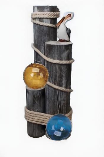 Ocean’s Perch Pelican on Wood Piling with Glass Japanese Fishing Floats - Garden Bird Decor - Coastal Decor Pelicans Bird Statue - Beach House - Nautical Decoration