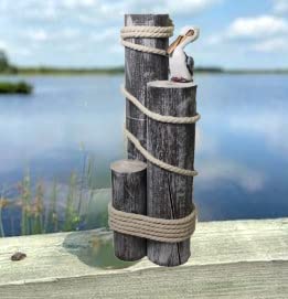 DRH - Ocean’s Perch Pelican on Wood Piling Garden Bird Decor - Coastal Decor - Pelicans Bird Statue - Beach Fisherman’s Rope on 3 Wooden Stumps - Nautical Decoration for Any Home Office