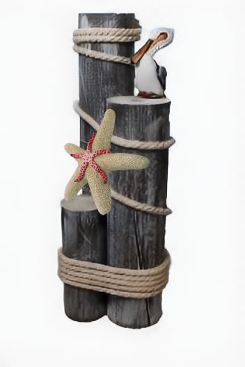 Pelican on Wood Pilings Nautical Statue with Starfish – Coastal Decor for Porch, Garden, or Poolside - Marine Bird Sculpture - DRH Nautical Décor