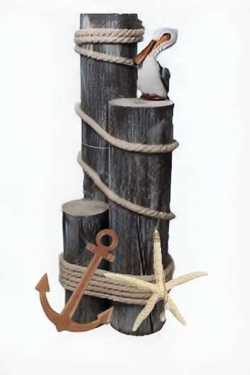 Pelican on Wood Pilings Nautical Statue with Hanging Starfish and Wood Anchor– Coastal Decor for Porch, Garden, or Poolside - Marine Bird Sculpture - Nautical Décor