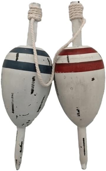Nautical Glass Fishing Float & Wooden Buoy Set - 12" Blue Glass Ball with Net + 11" Distressed Wood Buoy - Coastal Beach House Decor, Vintage Ocean Gift - DRH Nauticals