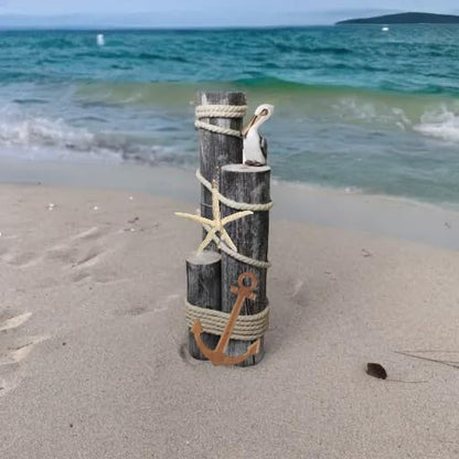 Pelican on Wood Pilings Nautical Statue with Hanging Starfish and Wood Anchor– Coastal Decor for Porch, Garden, or Poolside - Marine Bird Sculpture - Nautical Décor