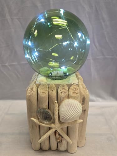 Handcrafted Green Glass Fishing Float LED Lantern on Driftwood Base with Beautiful Starfish and Shells - Nautical Decor for Your Beach Home