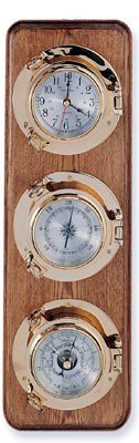 HS Clock, Barometer & Thermometer Brass Porthole Weather Station on Oak Wood Base - DRH Nauticals
