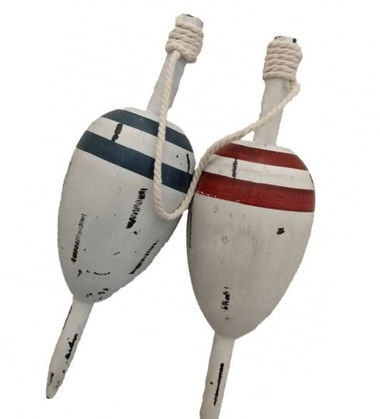 DRH - Nautical Vintage Set of 2 Wooden Lobster Trap Buoy with Rope Accents - Blue and Red - 11" X 4"