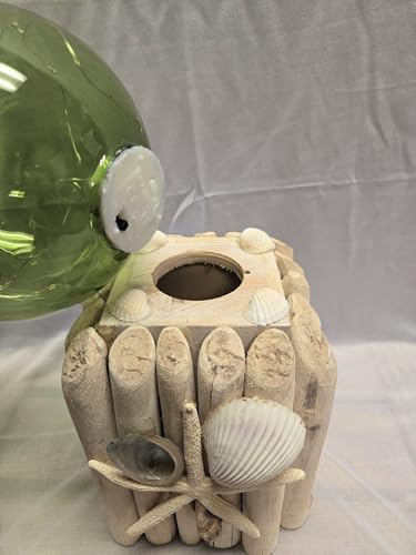Handcrafted Green Glass Fishing Float LED Lantern on Driftwood Base with Beautiful Starfish and Shells - Nautical Decor for Your Beach Home