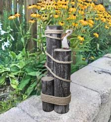 DRH - Ocean’s Perch Pelican on Wood Piling Garden Bird Decor - Coastal Decor - Pelicans Bird Statue - Beach Fisherman’s Rope on 3 Wooden Stumps - Nautical Decoration for Any Home Office