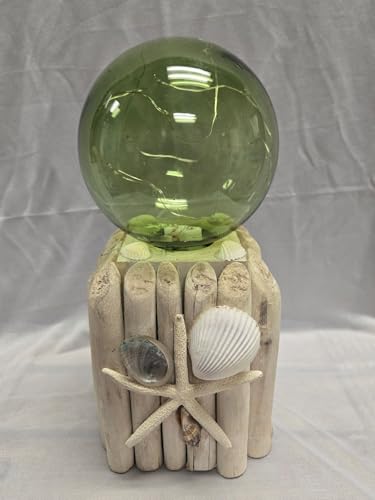 Handcrafted Green Glass Fishing Float LED Lantern on Driftwood Base with Beautiful Starfish and Shells - Nautical Decor for Your Beach Home