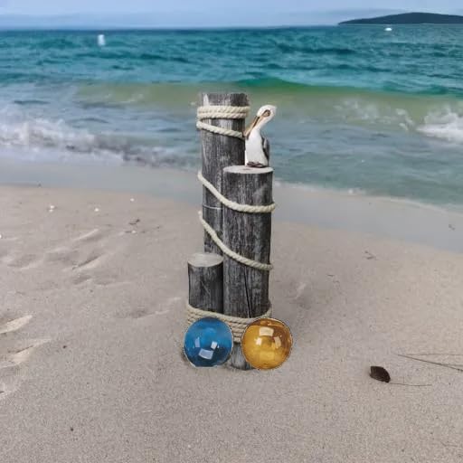 Ocean’s Perch Pelican on Wood Piling with Glass Japanese Fishing Floats - Garden Bird Decor - Coastal Decor Pelicans Bird Statue - Beach House - Nautical Decoration