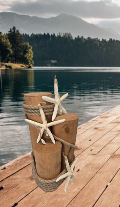 Set of 3 Nautical Wood Piling Decorations with Real Hanging Starfish – Real Wooden Pier Posts for Coastal, Marine, or Nautical Decor - Huge 5” Diameter Stumps for Beach Home Decor