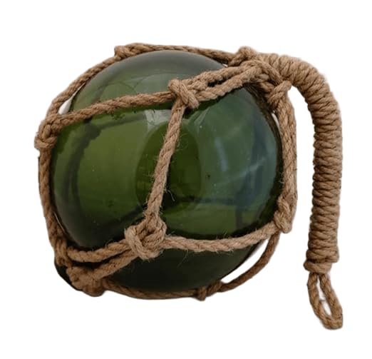 Nautical Glass Fishing Float & Wooden Buoy Set - 12" Green Glass Ball with Net + 11" Distressed Wood Buoy - Coastal Beach House Decor, Vintage Ocean Gift - DRH Nauticals