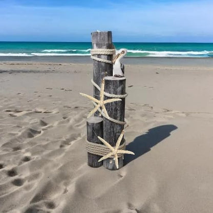 Pelican on Wood Pilings Nautical Statue with Hanging Starfish – Coastal Decor for Porch, Garden, or Poolside - Marine Bird Sculpture - Nautical Décor