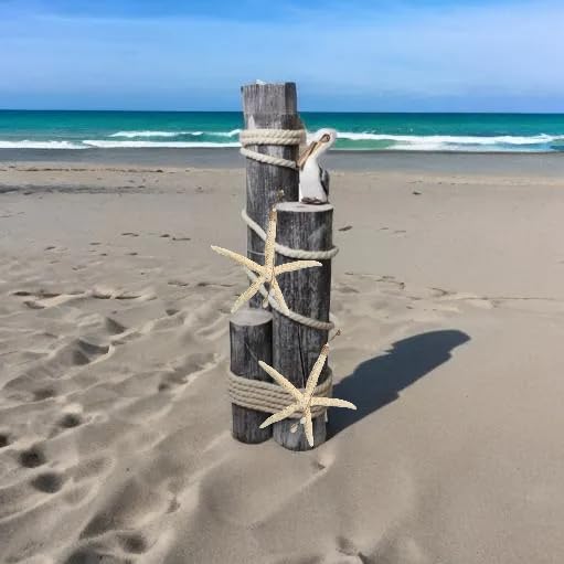 Pelican on Wood Pilings Nautical Statue with Hanging Starfish – Coastal Decor for Porch, Garden, or Poolside - Marine Bird Sculpture - Nautical Décor