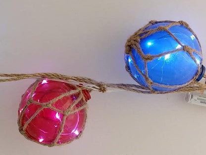 DRH - Set of Four Japanese Fishing Buoy with Rope Float Ball LED Light Bright Nautical Decor Roped Net Floats Hanging Gift for Sea Lovers 3 x 24 inches, Blue Green Violet