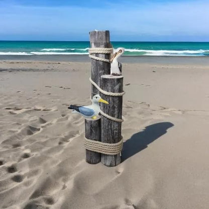 DRH - Pelican and Seagull Statue on Wood Pilings – Coastal Garden Decor, Nautical Bird Sculpture for Porch, Pool, Patio or Beach House - Marine Bird Sculpture Nautical Decor