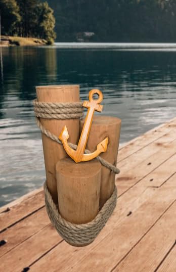 Set of 3 Nautical Wood Piling Decorations with Beautiful Wooden Anchor– Real Wooden Pier Posts for Coastal, Marine, or Nautical Decor - Huge 5” Diameter Stumps for Beach Home Decor - DRH Nauticals