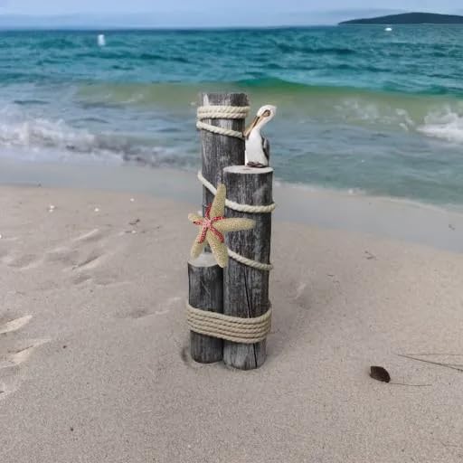 Pelican on Wood Pilings Nautical Statue with Starfish – Coastal Decor for Porch, Garden, or Poolside - Marine Bird Sculpture - DRH Nautical Décor