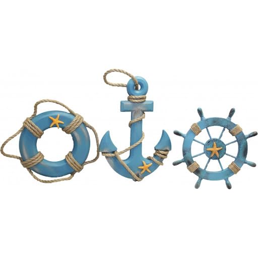 Coastal Collection Set of 3 Nautical Wooden Ship Wheel, Anchor & Life Ring Wall Decor Vintage Beach House, Bathroom, or Kids Room Decoration. Wall Art Decor, Door Hanging Ornament Beach Theme